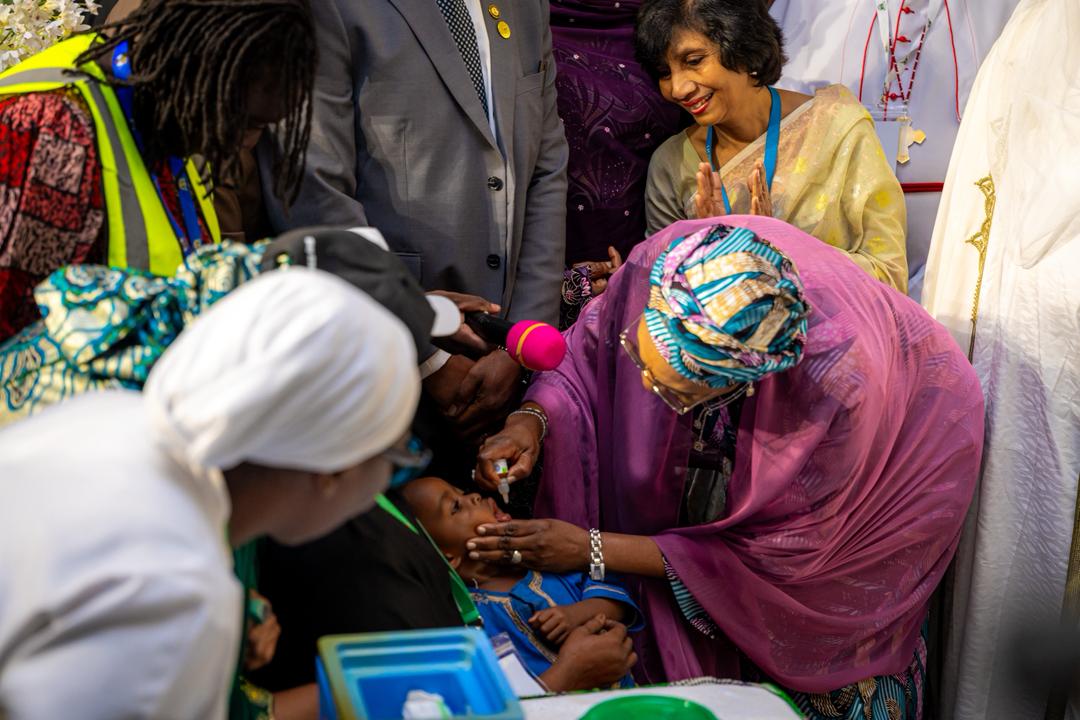 The First Lady Oluremi Tinubu CON, in a symbolic administration of Oral Polio vaccine at the event